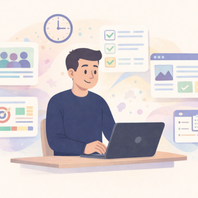 Illustratie van een ondernemer die rustig achter een laptop werkt terwijl overzichtelijke panelen met doelen, doelgroep, planning en website-onderdelen om hem heen zweven als visuele weergave van een duidelijke websitebri