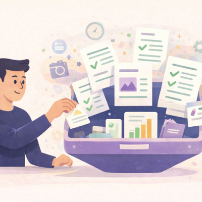 Illustratie van een persoon die online formuliergegevens sorteert in overzichtelijke informatiekaarten met grafieken, bestanden en feedback