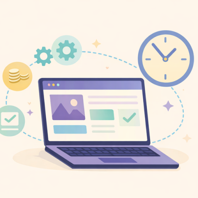 Illustratie van een zakelijke website op een laptop met een klok, onderhoudsiconen, checklist en kosten-symbolen die de lange termijn kosten van webdesign visualiseren