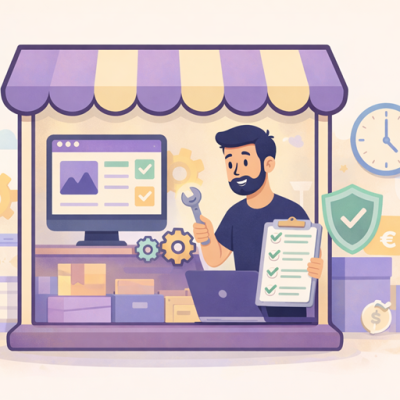 Illustratie van een online winkel met een websitebeheerder die onderhoud uitvoert, met iconen voor veiligheid, updates, kosten en controle van een zakelijke website.