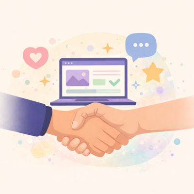 Illustratie van twee handen die elkaar digitaal schudden met een laptop ertussen, omringd door iconen voor vertrouwen, communicatie en conversie bij een verkoopklare website