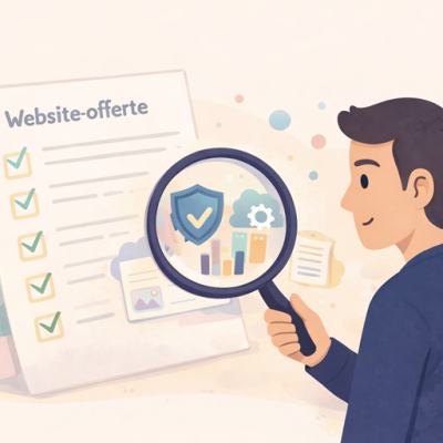 Illustratie van een ondernemer die met een vergrootglas een website-offerte bekijkt, terwijl extra onderdelen zoals onderhoud, beveiliging en optimalisatie subtiel op de achtergrond zichtbaar zijn