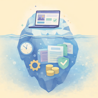Illustratie van een ijsberg met een laptop boven water en onder water iconen zoals een klok, documenten, tandwiel en munten die verborgen websitekosten voor ondernemers visualiseren.