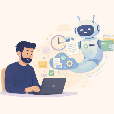 Illustratie van een ondernemer achter een laptop terwijl een digitale assistent taken automatiseert zoals e-mails, documenten, planning en cloudprocessen