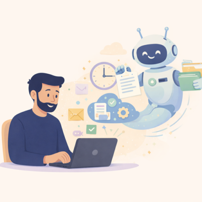 Illustratie van een ondernemer achter een laptop terwijl een digitale assistent taken automatiseert zoals e-mails, documenten, planning en cloudprocessen