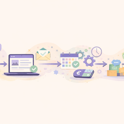 Illustratie van website automatisering voor kleine bedrijven waarbij een klant via smartphone een websiteformulier invult waarna automatisch een bevestiging, afspraakplanning, betaling en verwerking plaatsvinden zodat een ondernemer tijd bespaart in dagelijkse bedrijfsprocessen.