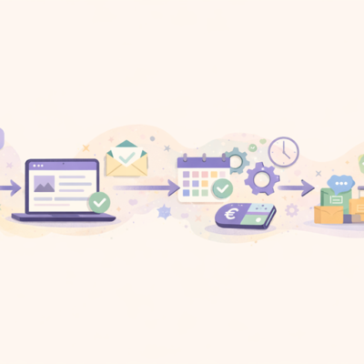 Illustratie van website automatisering voor kleine bedrijven waarbij een klant via smartphone een websiteformulier invult waarna automatisch een bevestiging, afspraakplanning, betaling en verwerking plaatsvinden zodat een ondernemer tijd bespaart in dagelijkse bedrijfsprocessen.