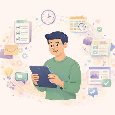 Illustratie van een ondernemer die met een tablet werkt terwijl website-elementen zoals taken, berichten en pla