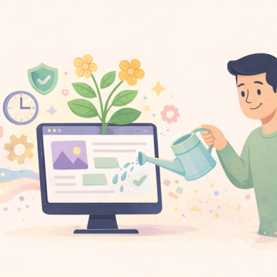 Illustratie van een ondernemer die een website op een computerscherm verzorgt met een gieter, met symbolen voor updates, veiligheid en onderhoud rondom het scherm.