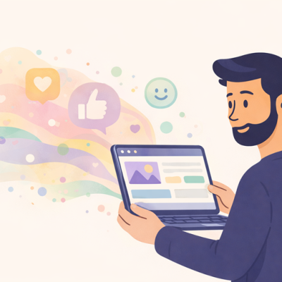 Een ondernemer die een tablet bekijkt met een website terwijl visuele elementen zoals likes en symbolen de uitstraling en emotie van een website verbeelden